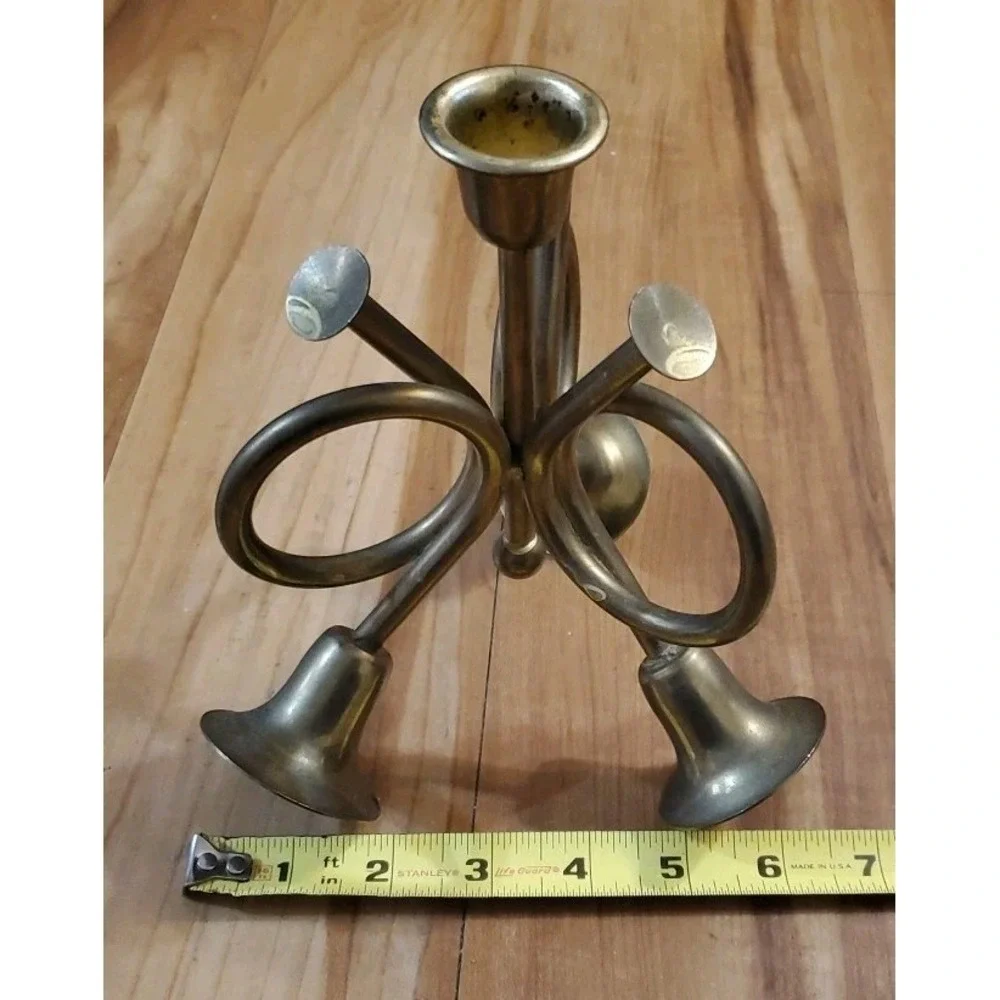Tripple French Horn Brass‎ Taper Candle Holder Thanksgiving Christmas Holiday